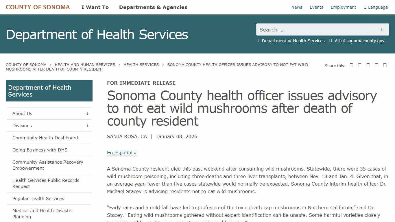 Sonoma County health officer issues advisory to not eat wild mushrooms after death of county resident